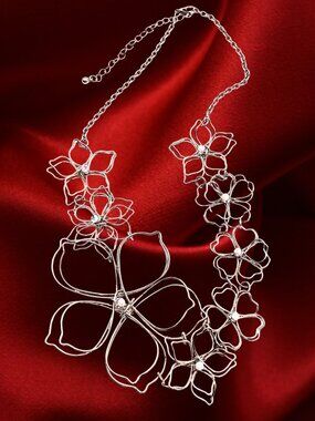 Silver Wire Floral Statement Necklace Iridescent Rhinestone Artisan Style Adjust